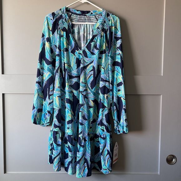 Beach House Swim Cover Up Dress Women Medium Blue Long Sleeve Palm Floral NEW - Picture 1 of 14